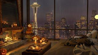  Seattle Rain & 4K Cozy Bedroom with Relaxing Jazz Piano - Instrumental Music to Relax Sleep Work