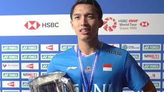 Jonathan Christie celebrates winning the YONEX All England Open mens singles title