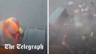 Moment refuse workers narrowly escape bin explosion