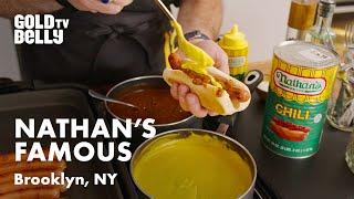 Watch Nathans Famous Hot Dogs Cook Up Their Signature Chili Cheese Dog