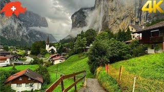 Lauterbrunnen Switzerland 4K - Walking in the rain in the most beautiful Swiss village