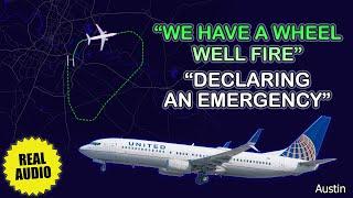 Wheel well fire indication after takeoff. United Boeing 737 returns to Austin Airport. Real ATC