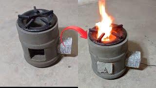 How to make a cement stove at home   Rocket stove   He has a fan