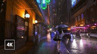 Walking in Heavy Thunderstorm at Night in NEW YORK Umbrella Binaural 3D Rain Sounds ASMR 4K