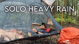 SOLO CAMPING HEAVY RAIN  FLOATING TENT IN HEAVY RAIN UNDER PLASTIC TARP  ASMR