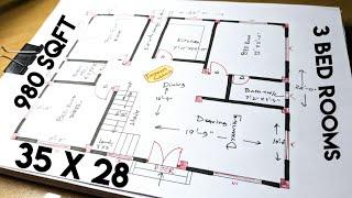 35 x 28 simple house plan design II 35 by 28 ghar ka naksha II 3 bhk house plan