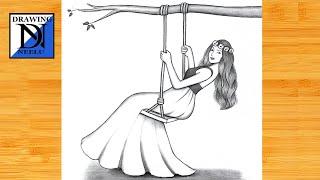 How to draw a Girl swinging in Teej festival -Pencil sketch  Drawing for beginner  Girl drawing