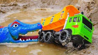 Rescuing Dump Trucks Excavator Tractor from Collapsed Bridge Caused by Crocodiles