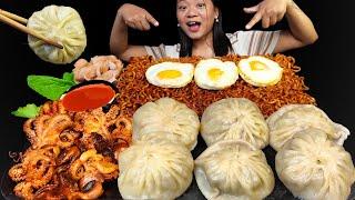 Eating Big Juicy Buff MOMO Octopus Spicy Black Bean Noodles & Chicken Sausages Nepali Mukbang