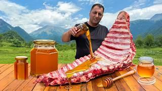 Juicy Beef Ribs Baked with Honey Sauce in Tandoor Harvesting Homemade Mountain Honey