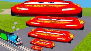 Fat Car vs LONG CARS with Big & Small Wide Lightning Mcqueen vs Trains Thomas - BeamNG.drive