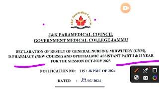 Result Declared oct nov 2023  GNM  Dpharmacyophthalmic assistant