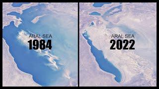 Aral sea drying up. Aral sea shrinking. view of Aral Sea  Aral Sea time lapse  Aral Sea crises