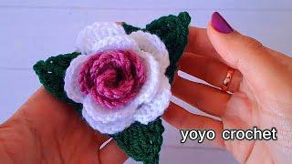 كروشية وردة بلونين  ياجمالوووو  مع ورق الشجر  فى خطوة واحدة فقط - Wow  beautiful crochet rose