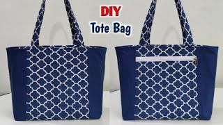 SHOPPING BAG CUTTING AND STITCHING  DIY Zippered Tote Bag Sewing Tutorial  Cloth bag making  Bags