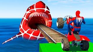 GTA 5 Crazy Ragdolls  Spiderman by Quad Bike On Rainbow Spiders Bridge Spider Shark Jumps