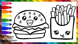 Draw and Color a Hamburger with French Fries  Drawings for Kids