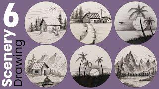 6 Nature Scenery Drawing Easy with Pencil Shading step by step for Beginners