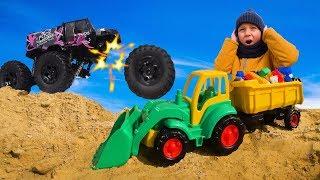 Funny Leo Plays with a Tractor and Cars Remote Control - Collection video for kids