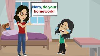 Nora cant do her homework - Easy English conversation practice  Fun English with Nora
