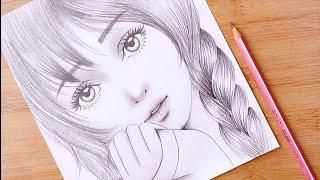 Pencil sketch  How to draw Cute Girl Face - step by step  Drawing Tutorial for beginners