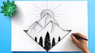 Mountain landscape Drawing  How to Draw Abstract Landscape - Easy Pencil Drawing Landscape Drawing