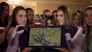 POV playing Mount and Blade Warband on a steam deck at a party