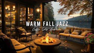 Fall Porch Ambience  Warm Piano Jazz Music and Crackling Fireplace on a Rainy Day for Relaxing