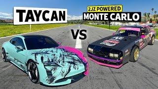 Classic vs Electric Drag Race Duel JZ-swapped Monte Carlo vs Porsche Taycan Turbo