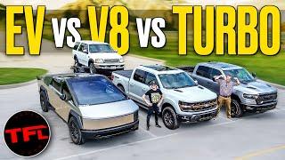 This Video Will Make EVERYONE Mad Ford V-8 vs Ram Turbo I-6 vs Cybertruck Tow-off