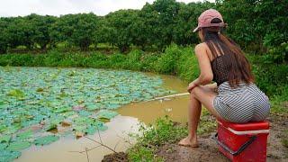 Best Fishing Video  The Giant Catfish Escaped the Girl Into the Lotus Bush