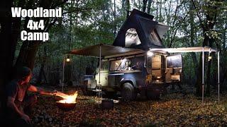 Off-road Land Rover Woodland Camp. 4x4 Truck Camping. Roof Top Tent. Cheese  Fondue. Kadai Fire Bowl