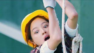 Worker girl cleaning windows high up safety rope broke