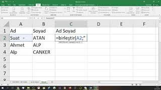 Excelde ad ve soyadı birleştirme
