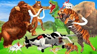 Giant Tiger wolf Attacks Dinosaur Chase Cow Cartoon Buffalo Gorilla Saved By Woolly Mammoth Elephant