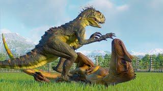 SCORPIOS REX vs LARGE & MEDIUM CARNIVORE DINOSAURS BATTLE ROTALE IN BIOSYN SANCTUARY - JWE2