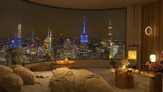 4K Rain On Window At Night - New York City View - Piano Jazz Music to Relax Sleep Work and Study