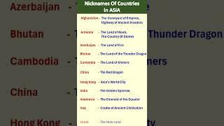 Nicknames Of Countries in ASIA   ASIA  Countries Nickname  Asia Countries and their Nicknames