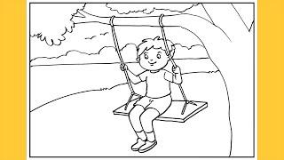 How to Draw a Boy Swinging in a Tree  Step by Step  Swinging Boy Drawing  Garden Drawing