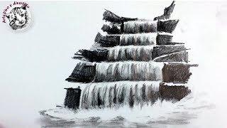 How to draw a Waterfall with pencil spanish narrated