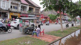 WALKING TOUR IN BATTAMBANG TOWN ON STREET 1 IN THE EVENINGCIVILIZE TOWN IN CAMBODIA.