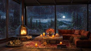 4K Warm Jazz Music at Cozy Forest Living Room  Fireplace Sounds & Relaxing Rain ASMR Sleep