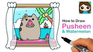 How to Draw Pusheen Eating Watermelon on Vacation  Summer Art Series #9