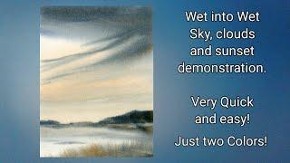 Wet into Wet watercolor sky sunset and clouds. Just 2 colors. Great for beginners. Peter Sheeler