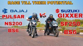 NEW BAJAJ PULSAR NS 200 BS6 VS SUZUKI GIXXER SF 250 BS6  RACE TILL THEIR POTENTIAL 