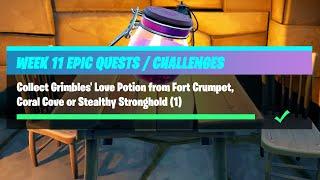 Collect Grimbles Love Potion from Fort Crumpet Coral Cove or Stealthy Stronghold - Fortnite Week 11